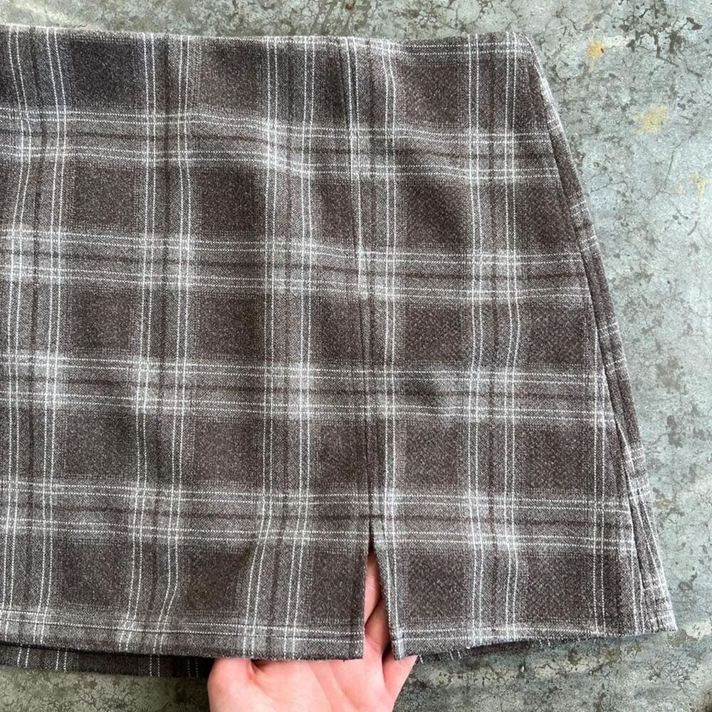 SO Plaid Mini Skort Brown Neutral Tartan Print XL Retro Slit Detail Comfortable - Picture 3 of 8